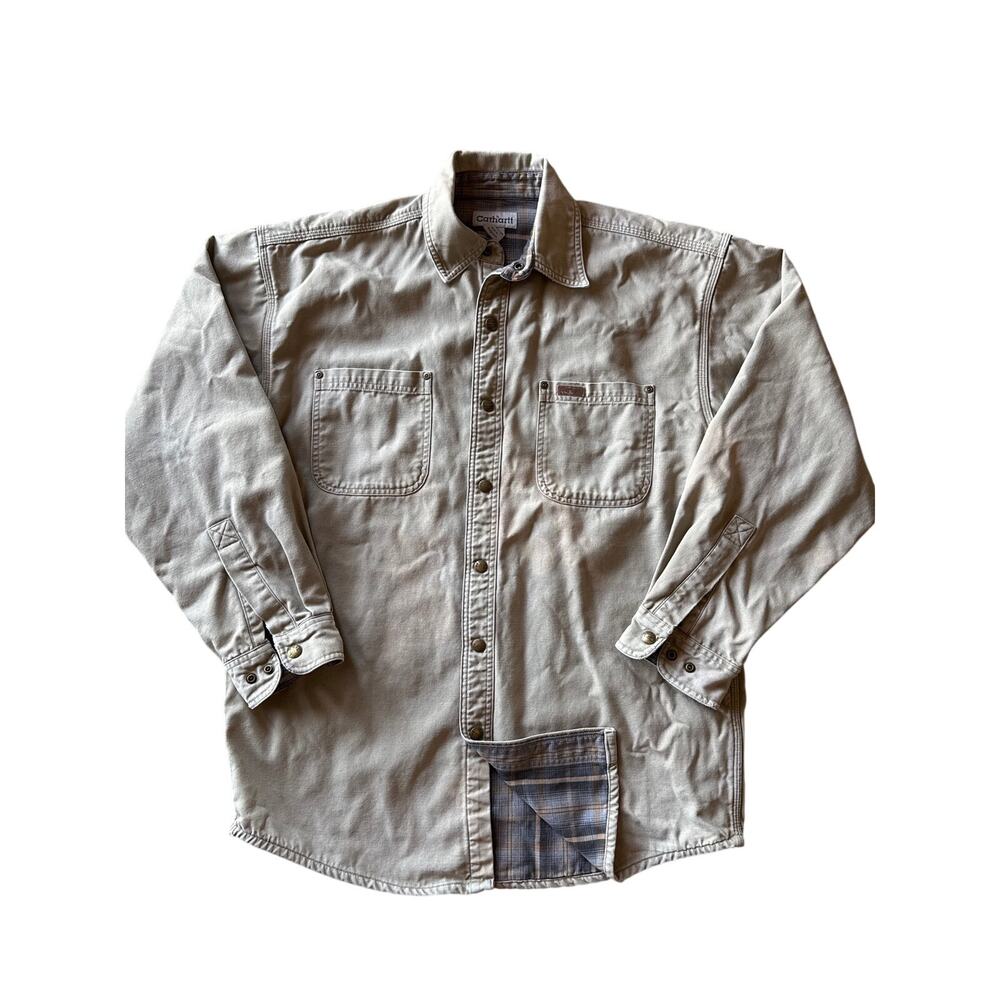 Vintage Carhartt S96GKH M Khaki Cotton Lined Button Snap Canvas Shacket